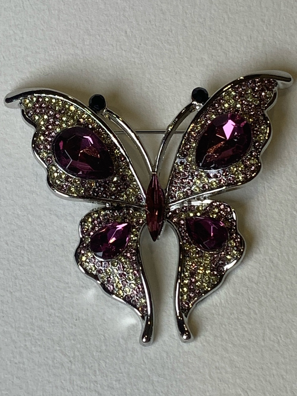 Rhinestone Butterfly Brooch Purple Amethyst Silver Tone